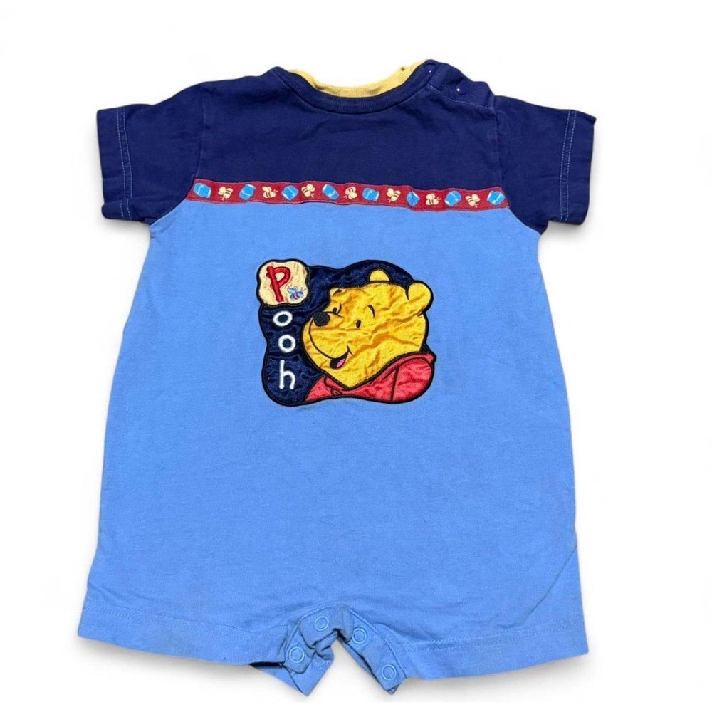 Vintage Disney Winnie the Pooh Baby Romper 24M Blue Pooh Face Applique Y2K